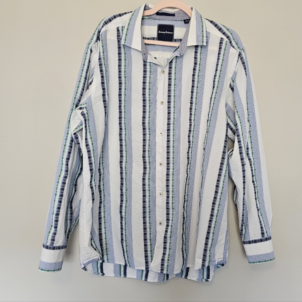 Tommy Bahama Cotton Silk Button Down Shirt Long Sleeve Blue Green Striped XL